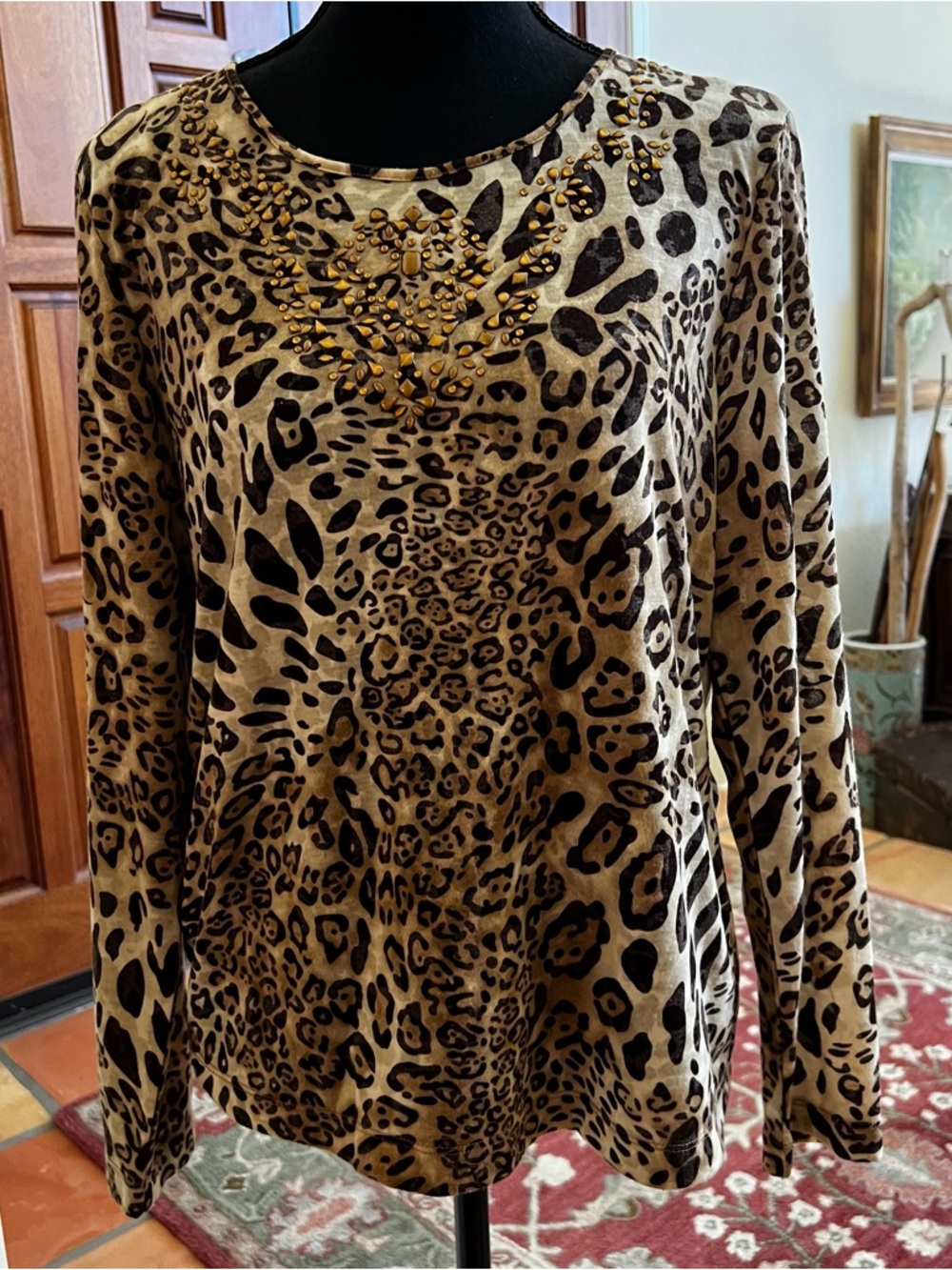 Chicos Top Womens L Brown Animal Print Beaded Long Sleeve Casual Blouse Stretch